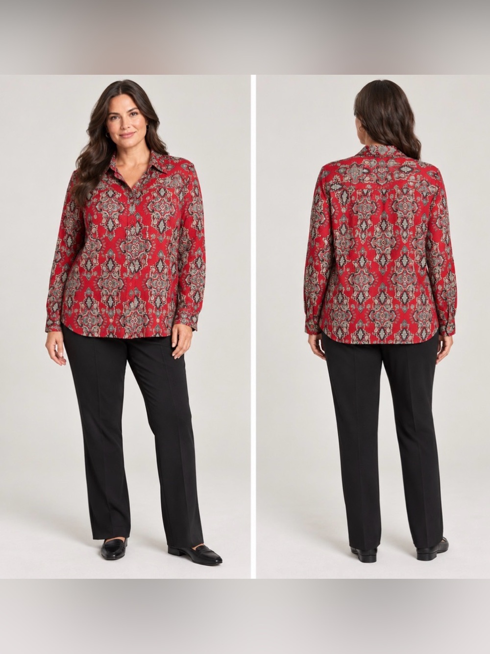 Jones New York Signature Woman 2X Cotton Red Paisley Button Down Blouse Top NWT